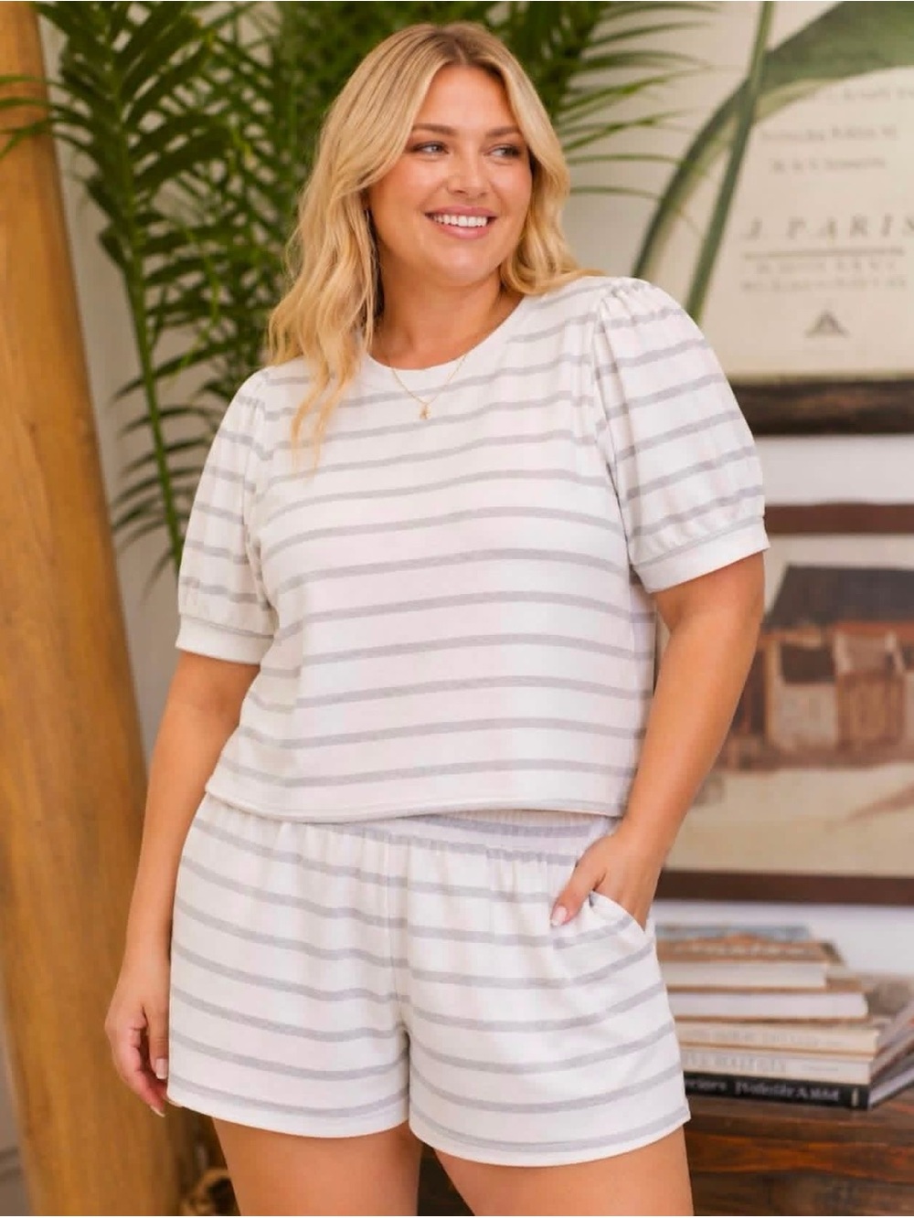 Jade by Jane Cozy Striped Short Set - White & Light Gray